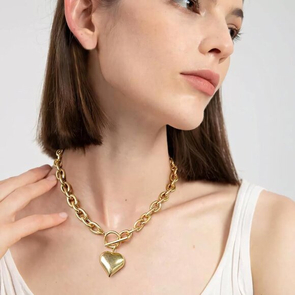 Retro Heart Charm Necklace, Chunky Thick Chain Necklaces with Puffy Heart Pendan - Picture 5 of 7